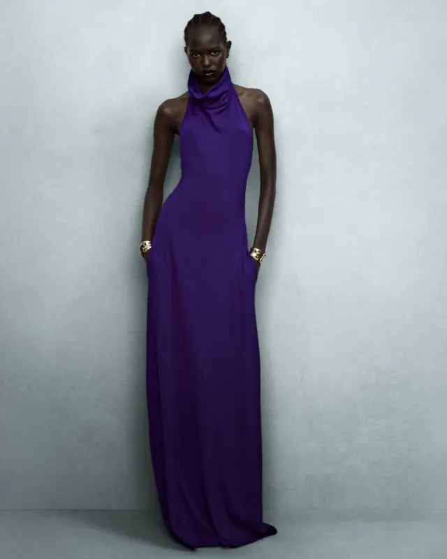 LONG HALTERNECK DRESS WITH POCKETS AND OPEN BACK online